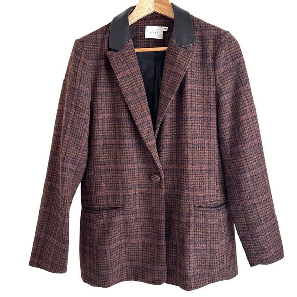 Lush Brown Tweed Wool Blend Faux Leather Collar One Button Preppy Blazer - Picture 1 of 7